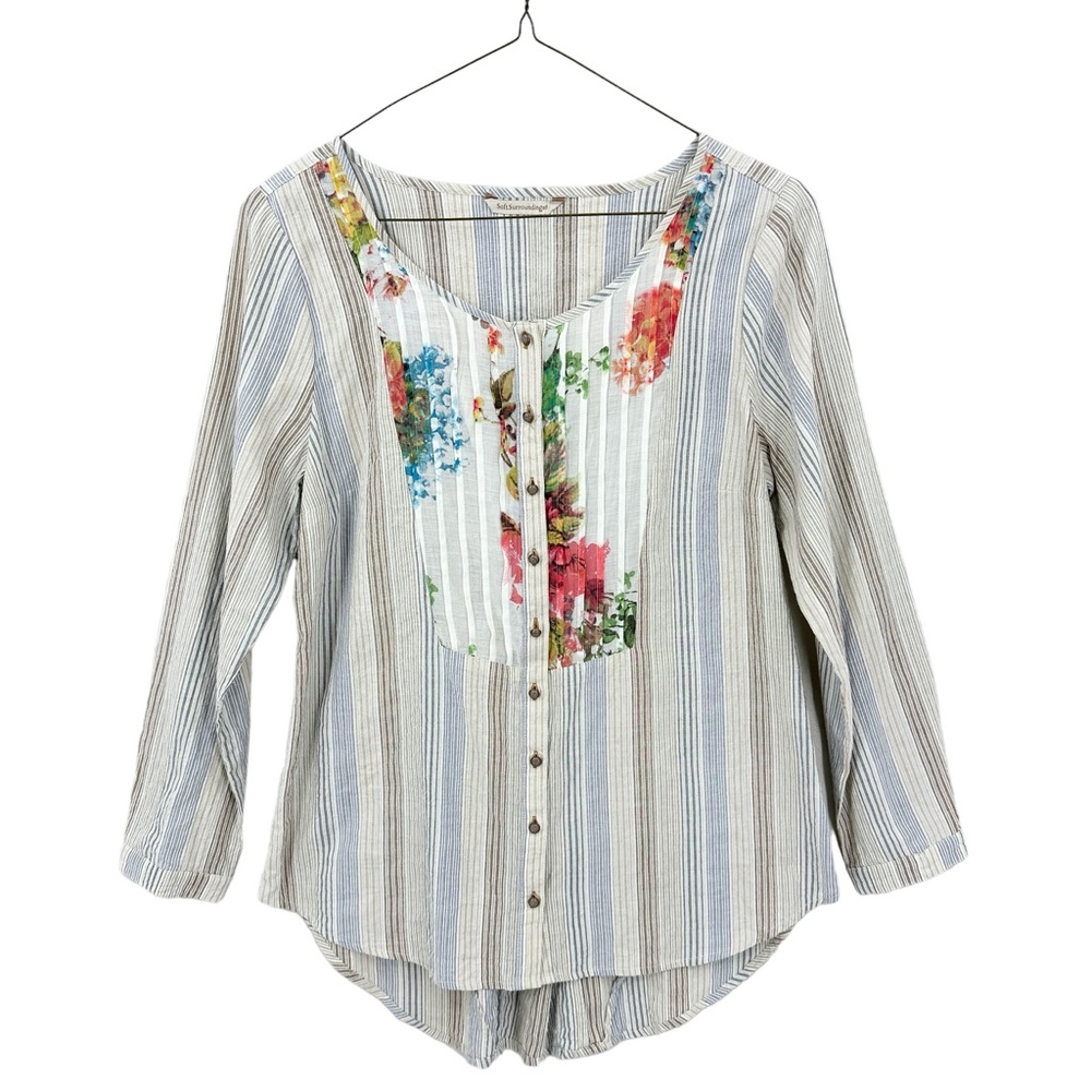 SOFT SURROUNDINGS Top Blouse Floral Stripe Button Front 29615